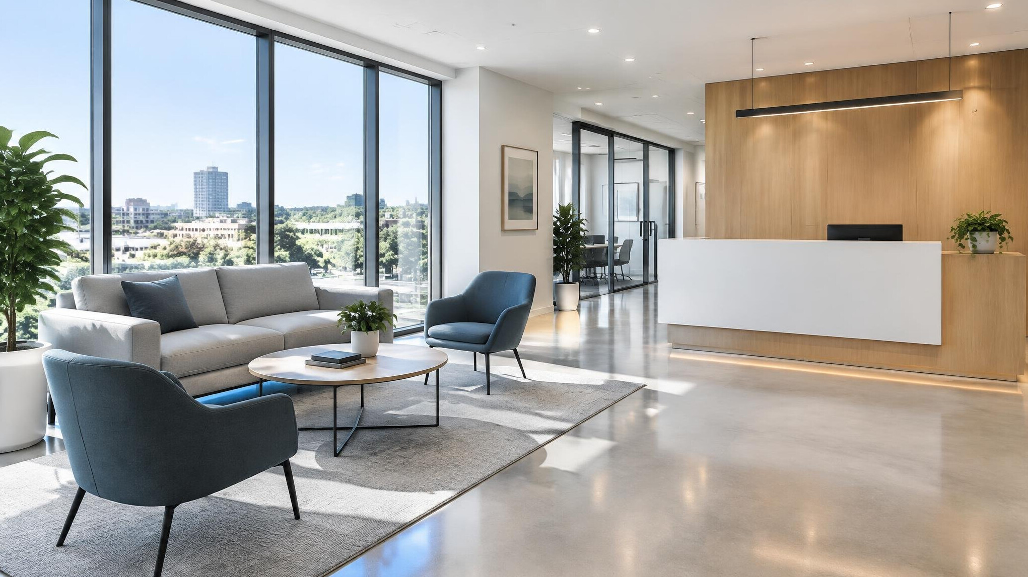Modern office reception area with seating