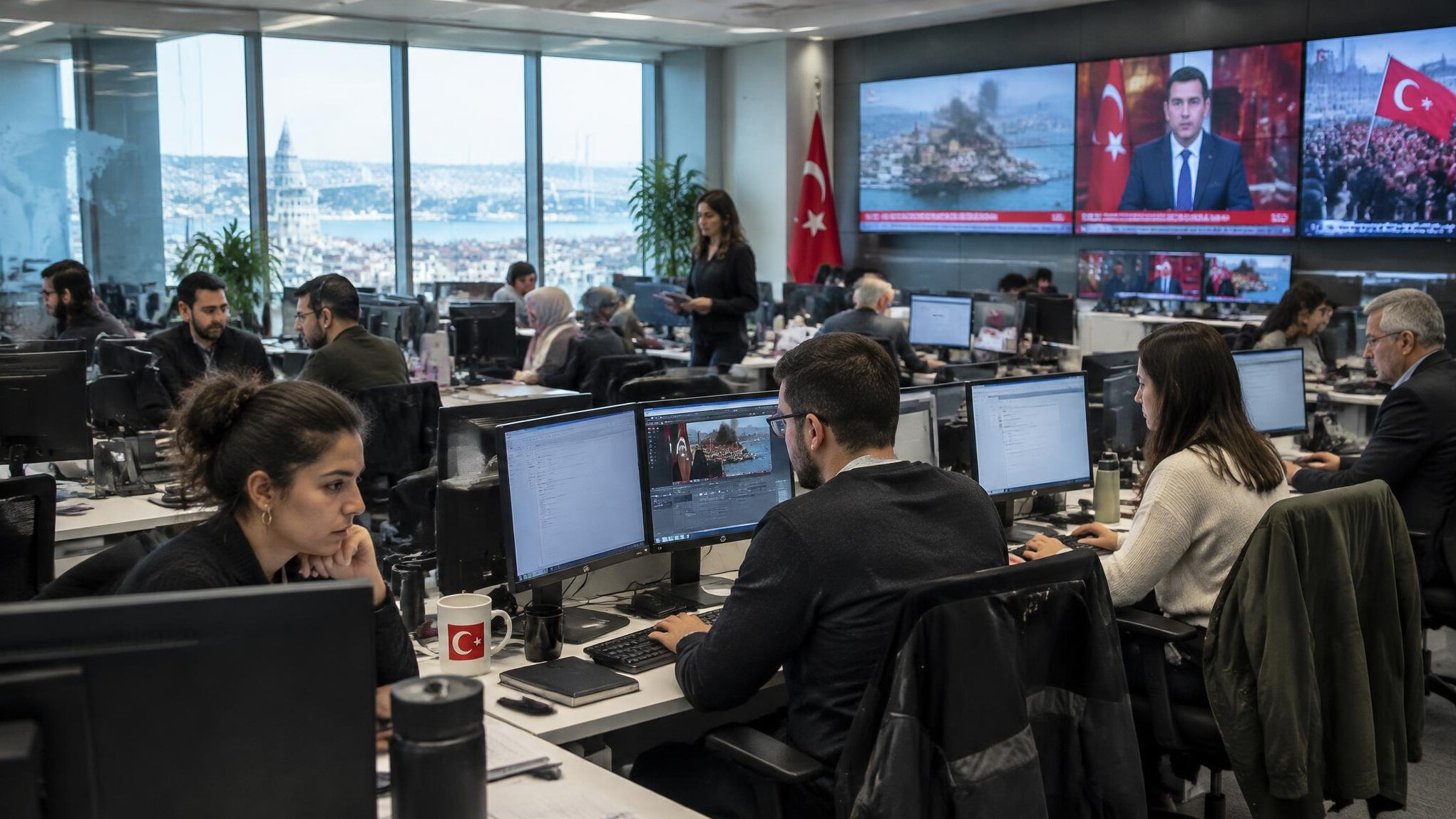 Journalists working at desks in a busy newsroom
