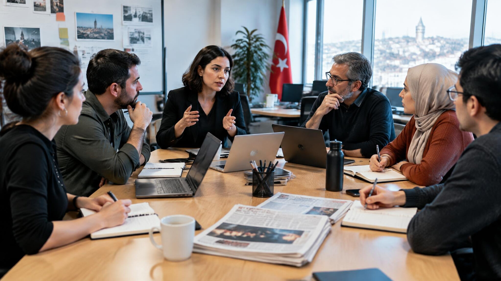 Editorial team meeting around a table with laptops
